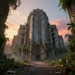 ground level, cathedral, brutalist architecture, abandoned, empty streetscapes, overgrown jungle, natural volumetric light, mist, sunset, rusted steel, concrete, glass, stunning skies, scattered rubbish and debris, 8 k, finely detailed, unreal engine, imax, cinematic, beautifully illustrated, sharp focus, minimal artifacts, doom, ryan church, doug chiang, artstation