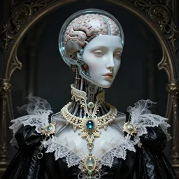 a beautiful gothic cyborg with transparent head showing mechanical brain covered by a porcelain face, black leather garment with art nouveau ivory accessories, dressed in white intricate lace and jewels, ethereal, darksynth, luxury, concept art by jama jurabaev, extremely detailed, ominous, ethereal, artstation, andree wallin, edvige faini, balaskas, alphonse mucha