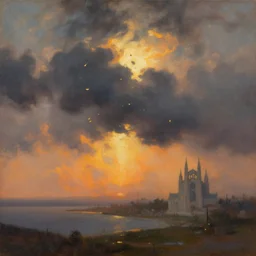 breathtaking oil painting of a fiery landscape with moody dark tumultuous clouds, palette knife, at dawn with strokes of light and golden petals flying, soft colors, art nouveau cathedral on the shore, rembrandt style, concept art, matte, by georgia hart,