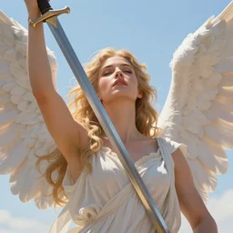 majestic dignified fantasy close - up illustration of a female angel face, wings spread, head thrown back, a sword raised in one hand, warm sunlight, bright blue sky, trending on artstation, digital art ( by jesper ejsing ) ( by clint cearley ) ( by raluca marinescu ) ( by brad rigney ) ( by greg rutkowski ) ( by ar