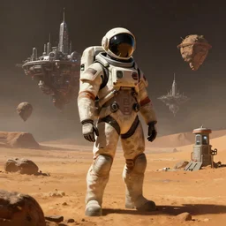 space soldier on mars with space city is seen in the background, with surrounding floating islands, a highly detailed, digital painting, artstation, concept art, matte, sharp focus, illustration, art by artgerm and greg rutkowski