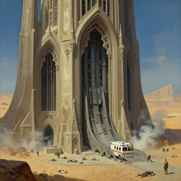 close shot of a giant immense tomb gothic architecture advanced technology scifi architectural structure desert planet, fantasy, elevator, side ramp entrance, ambulance, smoke, dead bodies, guards intricate, painting by lucian freud and mark brooks, bruce pennington,