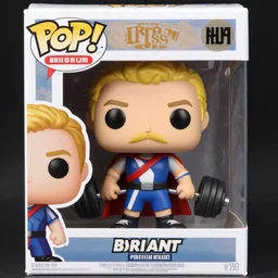 a funko figurine of a  crossfiter with blond hairs and mustache, blue white red cape, carrying two barbells, in its original packaging, with the mention BRIANT,  hyper realistic, mate painting mix rendering  -h 1024