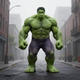 a hulk standing, silent hill streets, fog, empty streets, hyperdetailed, artstation, cgsociety, 8 k
