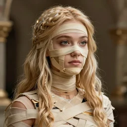 beautiful blonde female mummy who looks like young winona ryder wearing old bandages, hyper realistic digital illustration, hd, intricate, depth of field, soft lighting, elegant, character design
