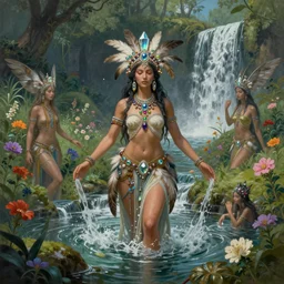 a detailed portrait beautiful divine tribal high priestess and priest water nymphs with feathers and crystals in a lush field of flowers, playing in waterfalls, wide painting by greg rutkowski and hr giger, zbrush, trending on artstation : 1 h 1 0 2 4