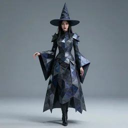 a witch from the future, photorealistic, geometric clothing
