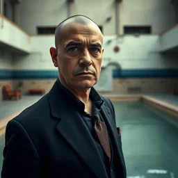 film still of shaved viktor orban dressed like a columbian mob leader from the 8 0's, clean shaved face, waiting in an old empty pool, a scene from tv series narcos narcos narcos, hd, 4 k