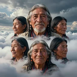 faces of indigenous amazonian grandfathers and grandmothers spirits in the clouds, smiling, protection, benevolence, ancestors, detailed faces, art by christophe vacher