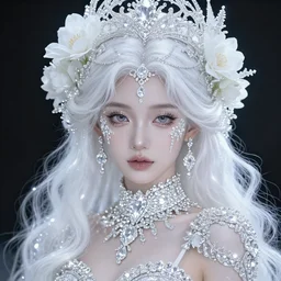 portrait of wonderfu princess of white diamonds with fair skin, white hair, white flowers, ornate with white diamonds, 8 k, gorgeous, intricate, detailed, glowing white accent lighting, dramatic lighting, octane render