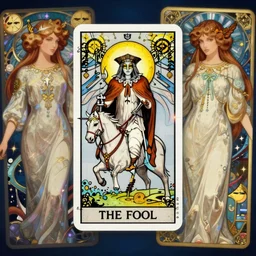 the fool tarot card rider waite, magic realism, fantasy, whimsical, art by josephine wall, art by pamela colman smith, league of legends splash art, art by artgerm, art by alphonse mucha, trending on artstation