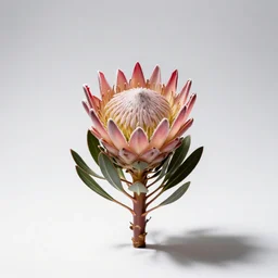 gentle protea flower, studio photography, full body, isolated on a pure white background, centered, entire subject in frame, sharp focus, soft studio lighting