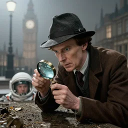 sherlock holmes in deerstalker hat looking through magnifying glass at ground, highly detailed, london background, foggy night, alan bean,