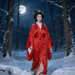 geisha walking in the forest at night. full moon. hyper detailed. soviet propaganda. socialist realism. beautiful and eerie. it is snowing
