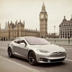 1900's photograph of latest tesla model s plaid on streets of london with big ben in the background, old photograph, detailed