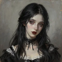 a portrait of a beautiful dark hair waif girl gothic, bored, illustration, soft lighting, soft details, painting oil on canvas by Edmund Blair Leighton and Charlie Bowater octane render trending on artstation, 4k, 8k, HD