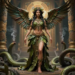an immaculate render of a tribal goddess adorned with leaves and cables and bird wings posing in a temple surrounded by wild tentacles made from mandalas and incense smoke, full body, perfect face, powerful, cinematic, beautifully lit, by artgerm, by alphonse mucha, by karol bak, 3 d, trending on artstation, octane render, 8 k