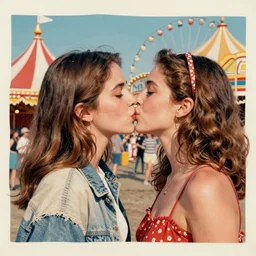 two women kissing at a carnival, mixed media collage, retro, paper collage, magazine collage, acrylic paint splatters, bauhaus, claymation, layered paper art, sapphic visual poetry expressing the utmost of desires by junji ito