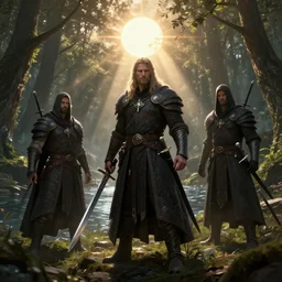 thieves guild,  dark fantasy elements, blades, shining sun, river, magic, sunlight rays, with  trees and plants around  Darek Zabrocki, Karlkka, trending on Artstation, 8K