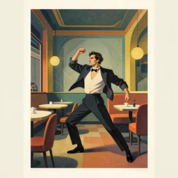 ( ( dither ) ), editorial illustration interior of a retro cafe, colorful, modern art deco, roger broders, hein schulz neudamm, ( ( giuseppe riccobaldi ) ), volumetric, dynamic pose, detailed, matte print, muted color, lomography, dramatic lighting, ( ( risograph ) )