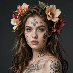balanced portrait with skin tattooed mystic symbols long flowers nested in the hair, intricate, digital art, karol bak style gaston bussiere