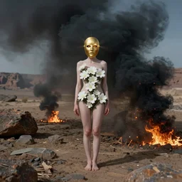 The full body shot of beautiful pale woman with white flowers and full-face golden mask inside a thick black smoke in rocky desert landscape, glowing eyes everywhere, burning earth by Gaspar Noe and Christopher Doyle, anamorphic lens, anamorphic lens flares, kodakchrome, cinematic composition, practical effects, award winning photo, 8k