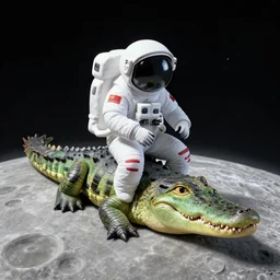 an astronaut riding a crocodile on the moon