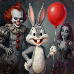 grunge painting of bugs bunny with a wide smile and a red balloon by Zdzisław Beksiński, loony toons style, pennywise style, corpse bride style, creepy lighting, horror theme, detailed, elegant, intricate, conceptual, volumetric light
