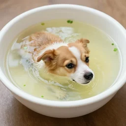 dog swimming in a bowl of soup
