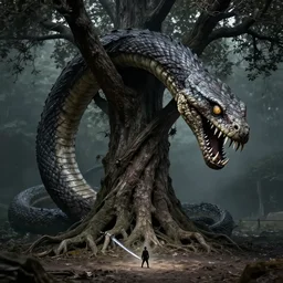 by yoann lossel, by valerio olgiati outrun offhand, ominous. a performance art of a large, looming creature with a long, snake body. many large, sharp teeth, & eyes glow. wrapped around a large tree, bent under the weight. small figure in foreground, a sword, dwarfed by the size of the creature.