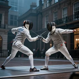 a great fencing duel for the ages taking place in midtown england ilust. 1 7 8 4, atmospheric lighting, detailed, hdr, 4 k, best on wlop, pixiv, stunning, gorgeous, much wow, cinematic, masterpiece