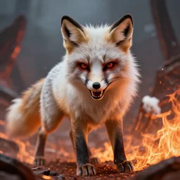 angry devil polar fox with sharp teeth as god of destruction, fire, postapocalyptic world, hyperrealistic, highly detailed - n 9 - s 1 0 0