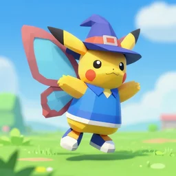 low poly nintendo 6 4 render butterfly pokemon with black eyes and antennae wearing a battle skirt blue thorax hat floating over a field wearing converse greaves and a witch hat
