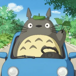totoro driving in a car, cartoon style,