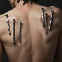 highly detailed realistic hammered nails in a hugo body, pain, light effect, hyper detailed, intricate, elegant, highly detailed, digital painting, artstation, concept art, matte, sharp focus, illustration, by dan mumford, yusuke murata, makoto shinkai, ross tran