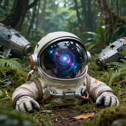 a space helmet lying on the ground in a jungle surround by space ship rubble, and the universe is inside his helmet, 8 k, hyper realistic digital art, coherent, vibrant colors,