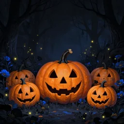 beautiful digital matte painting of gothic spooky pumpkin patch illustration black and blue flowers with fireflies enchanted dark background dark contrast wide angle by android jones