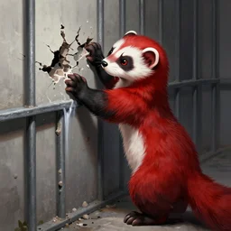 a digital painting of a red - and - black weasel / stoat fursona / furry ( character from the furry fandom ), scratching and chiseling on a prison cell wall in order to create cracks and impressions, embraced by blessed madness, the paint flows through the nooks and crannies of the partition