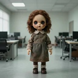 aged photo of scary uncanny valley doll in empty liminal office rooms,