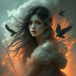 beautiful, haunting young woman made out of smoke and clouds, in renaissance times, detailed gorgeous face, flowing hair, vaporwave aesthetic, synthwave long luxurious gown, branches, leaves,, digital art, ravens, digital painting, artstation, concept art, smooth, sharp focus, illustration, art by artgerm and greg rutkowski and alphonse mucha