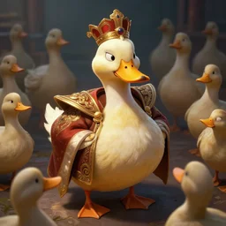 haughty antropomorphic duck emperor, duck the usurper, concept art, digital art, illustration, character design, ultra detailed, full body portrait, superior duck specimen looks down upon his lessers with contempt, pov, cgsociety, dramatic angle, vfx, cinematic lighting, hdr, 8 k, surreal, anthropomorphic