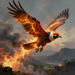 Painting of a flying huge bird on fire trailing smoke from its wings, artstation, detailed