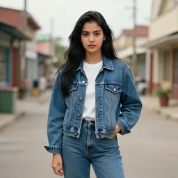 portrait of a girl from the 9 0 s wearing jean jacket and jean pants with long black hair, photo - realistic, award winning, hyper realistic, small town, volumetric lighting