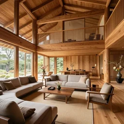 luxurious wooden cottage by alvar aalto, modern furnished japanese living room, japanese flower arrangements, coherent composition, extremely detailed furnitures, architecture photography