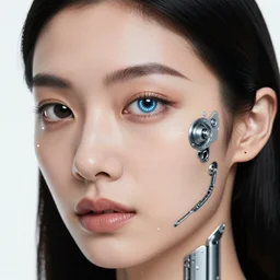 photo of young Lucy Liu, close up, with a cyberpunk bionic right eye with led lights, robotic implants over face with small led lights, white background, fine art photography in the style of Bill Henson