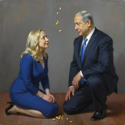 painting of crouching Sara Netanyahu throwing peanuts at Benjamin Netanyahu, by Jan Van Eyck