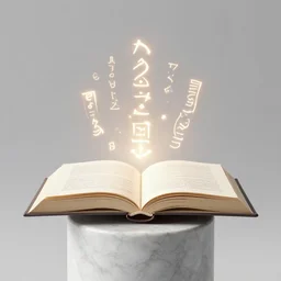 An open magical book with glowing runes floating over a marble pillar