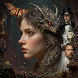 zoomed profile nicoletta ceccoli, mark ryden, lostfish, hyung tae, frank frazetta, face portrait of a fuzzy kaiju moth dragon and jack the ripper marriage portrait, depth of field, detailed and intricate gothic environment, 8 k resolution, hyperrealistic, octane render