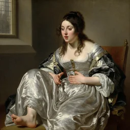 portrait painting by rembrandt of a beautiful woman in a silky dress looking at her own feet with a slightly surprised expression, detailed face, one of her hands is on her torso, another is on her stomach, castle interior in the background, 4k oil on linen by Edmund Blair Leighton, highly detailed, soft lighting 8k resolution