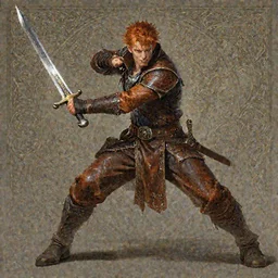character, strong fighter in rag-tag leathers, ginger hair, dynamic action pose, straight zweihander sword, D&D, fantasy, intricate, rugged, highly detailed, digital painting, artstation, octane render, concept art, matte, sharp focus, illustration, hearthstone, art by Artgerm and Greg Rutkowski and Alphonse Mucha